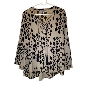 BUCKHEAD BETTIES Women size XL light tan black abstract print peplum waist tunic